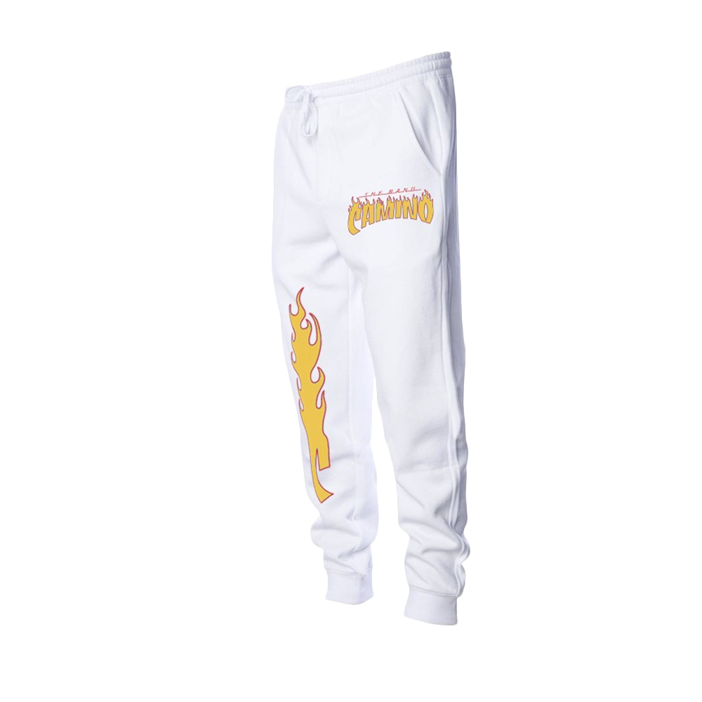 Flames logo white jogger pants side 1 The Band Camino