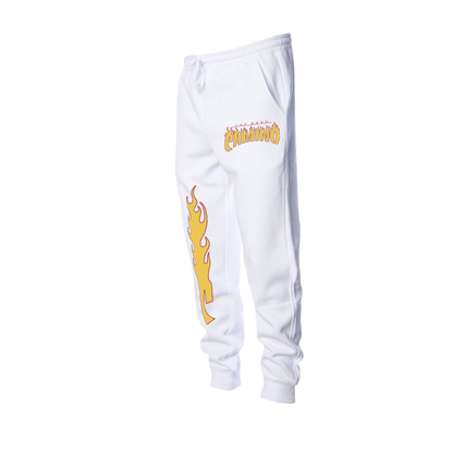 Flames logo white jogger pants side 1 The Band Camino