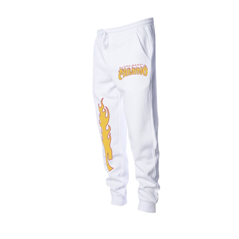 Flames logo white jogger pants side 1 The Band Camino