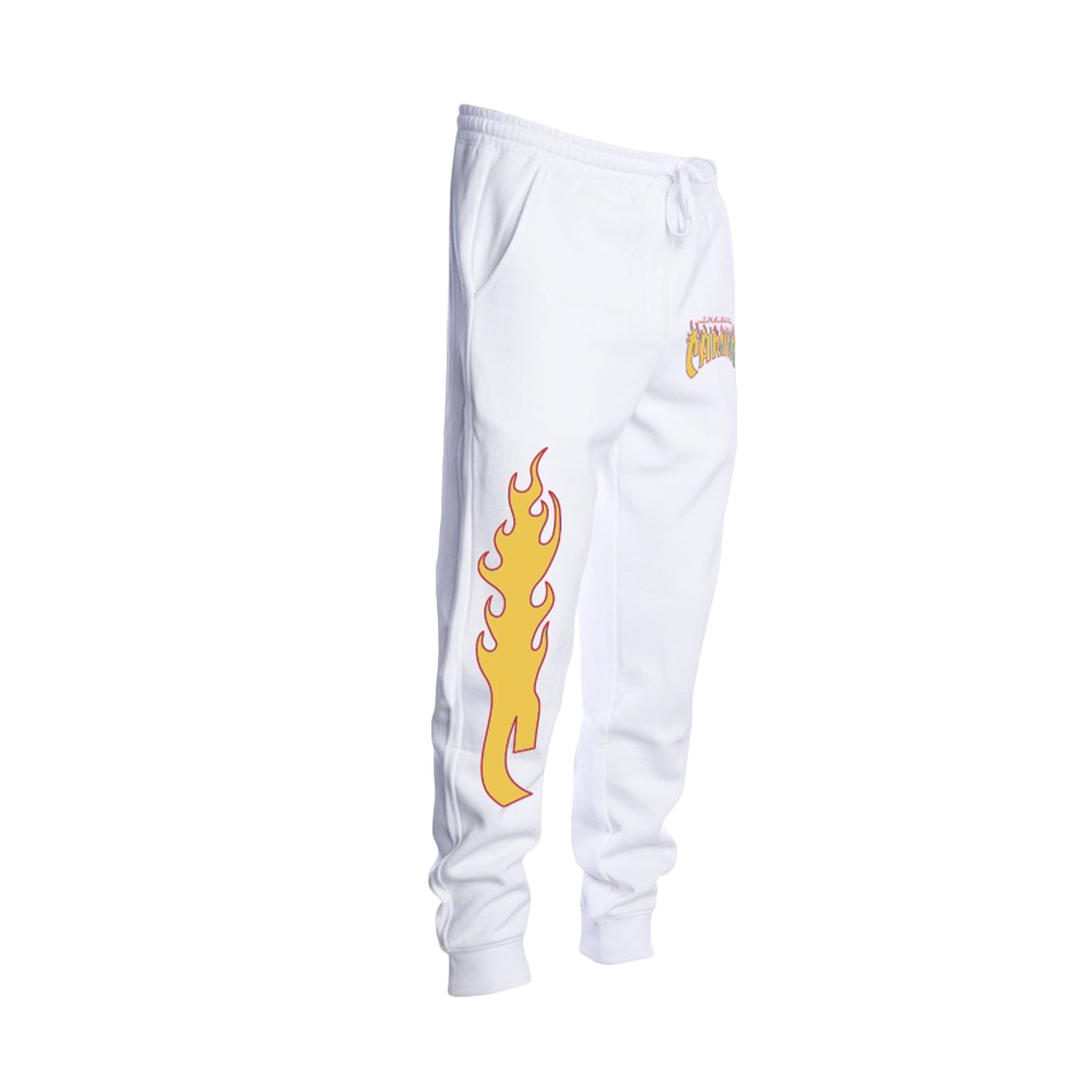 Flames logo white jogger pants side 2 The Band Camino